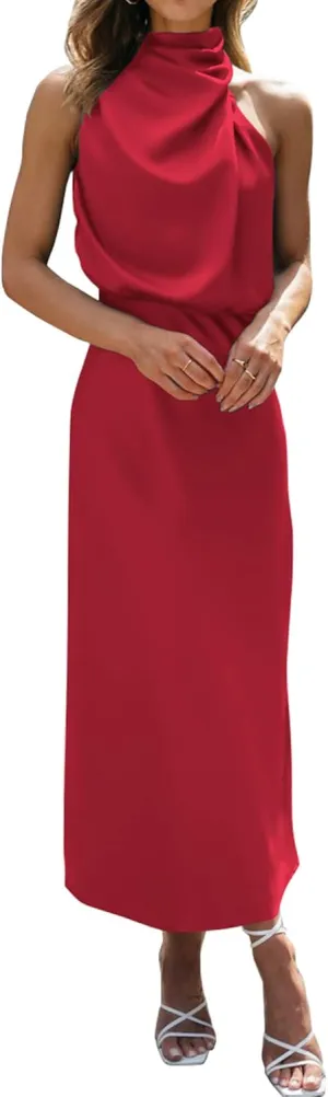 BTFBM Womens Sleeveless Cocktail Dresses Mock Neck Keyhole Elastic High Waist Evening Party Maxi Wedding Guest Dress