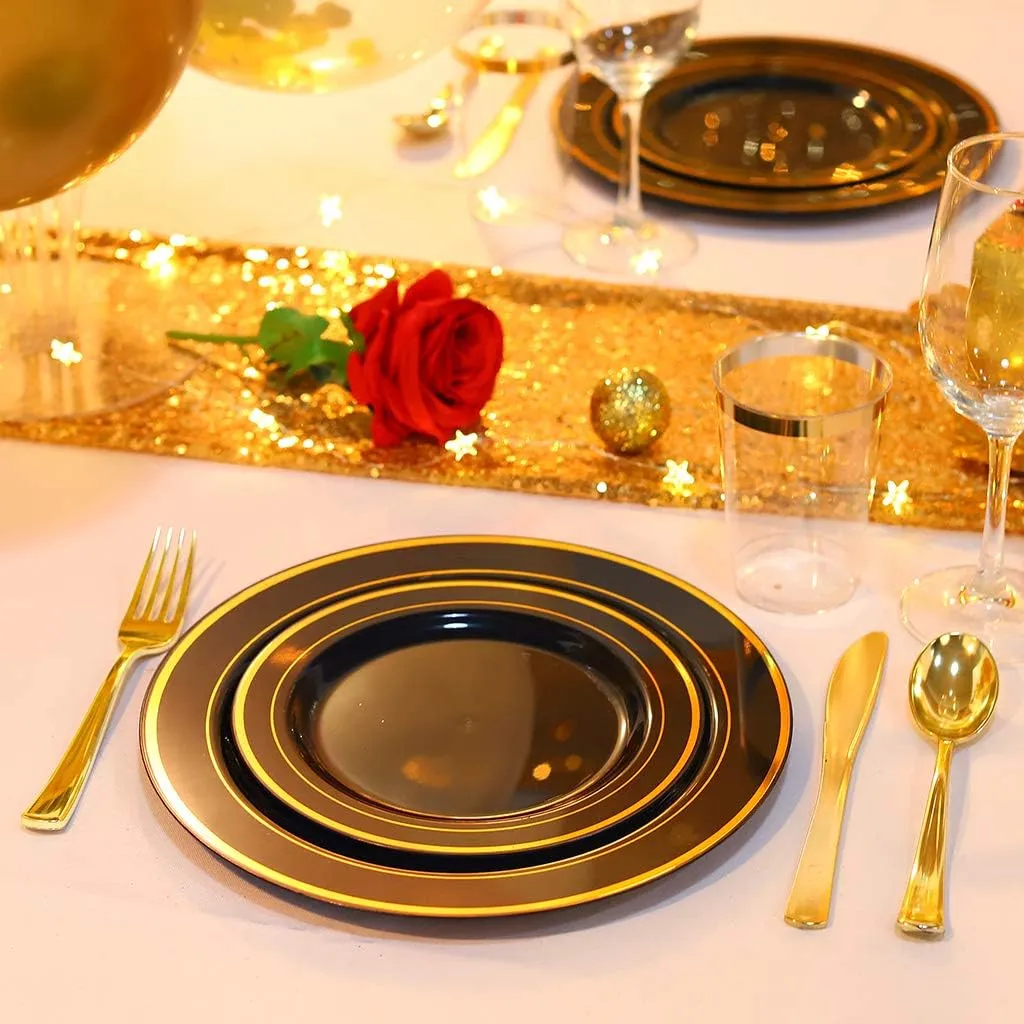 bUCLA 100 Pieces Black and Gold Plastic Dinner Plates - 10.25 inch Black Disposable Plates with Gold Rim - Ideal for Party, Graduation & Fathers Day