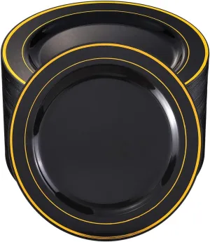 bUCLA 100 Pieces Black and Gold Plastic Dinner Plates - 10.25 inch Black Disposable Plates with Gold Rim - Ideal for Party, Graduation & Fathers Day
