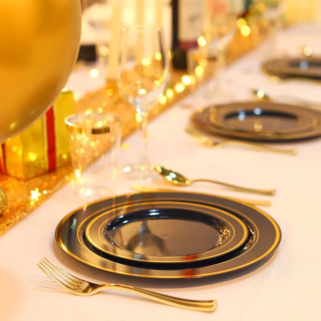 bUCLA 100 Pieces Black and Gold Plastic Dinner Plates - 10.25 inch Black Disposable Plates with Gold Rim - Ideal for Party, Graduation & Fathers Day