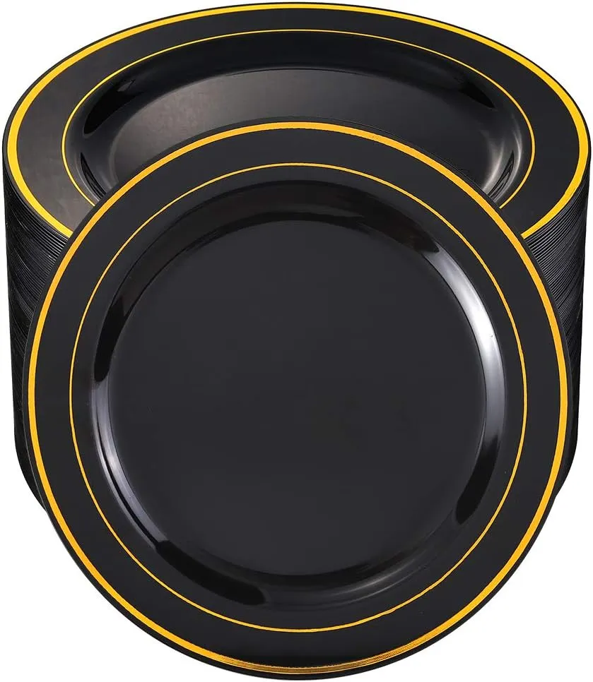 bUCLA 100 Pieces Black and Gold Plastic Dinner Plates - 10.25 inch Black Disposable Plates with Gold Rim - Ideal for Party, Graduation & Fathers Day