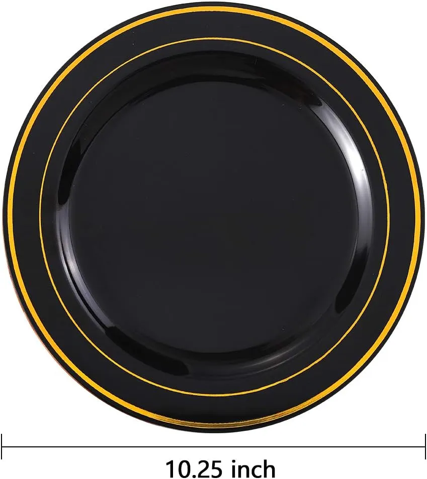 bUCLA 100 Pieces Black and Gold Plastic Dinner Plates - 10.25 inch Black Disposable Plates with Gold Rim - Ideal for Party, Graduation & Fathers Day