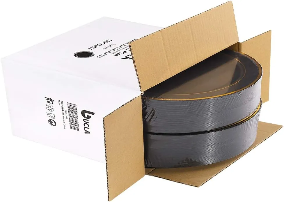 bUCLA 100 Pieces Black and Gold Plastic Dinner Plates - 10.25 inch Black Disposable Plates with Gold Rim - Ideal for Party, Graduation & Fathers Day