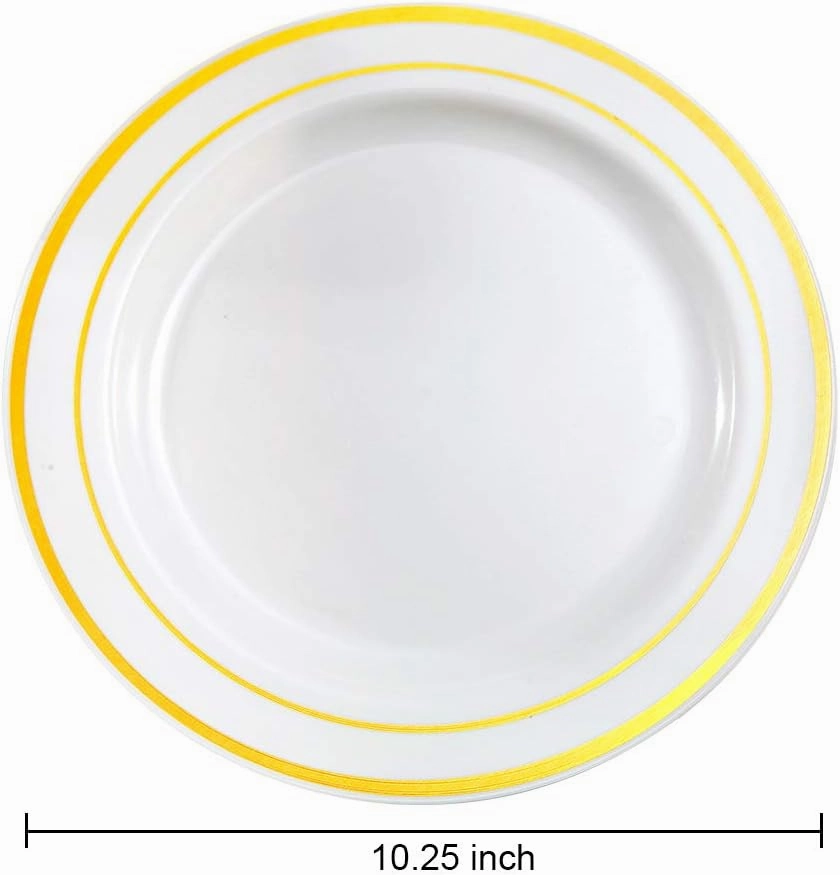 bUCLA 100Pieces Gold Plastic Dinner Plates - 10.25inch Gold Plates Disposable for Party - White and Gold Plastic Plates - Ideal for Weddings&Parties