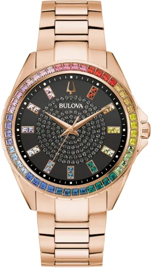 Bulova Men's Crystal Phantom Rose Gold Tone Stainless Steel 3-Hand Watch, Rainbow Crystal Bezel and Black Dial with Pave Center, Style:97A180