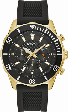 Bulova Men's Sport 6-Hand Chronograph Quartz Watch with Silicone Strap, 24 Hour Time, Calendar Date, Luminous Hands and Markers, 100M Water Resistant, 44mm