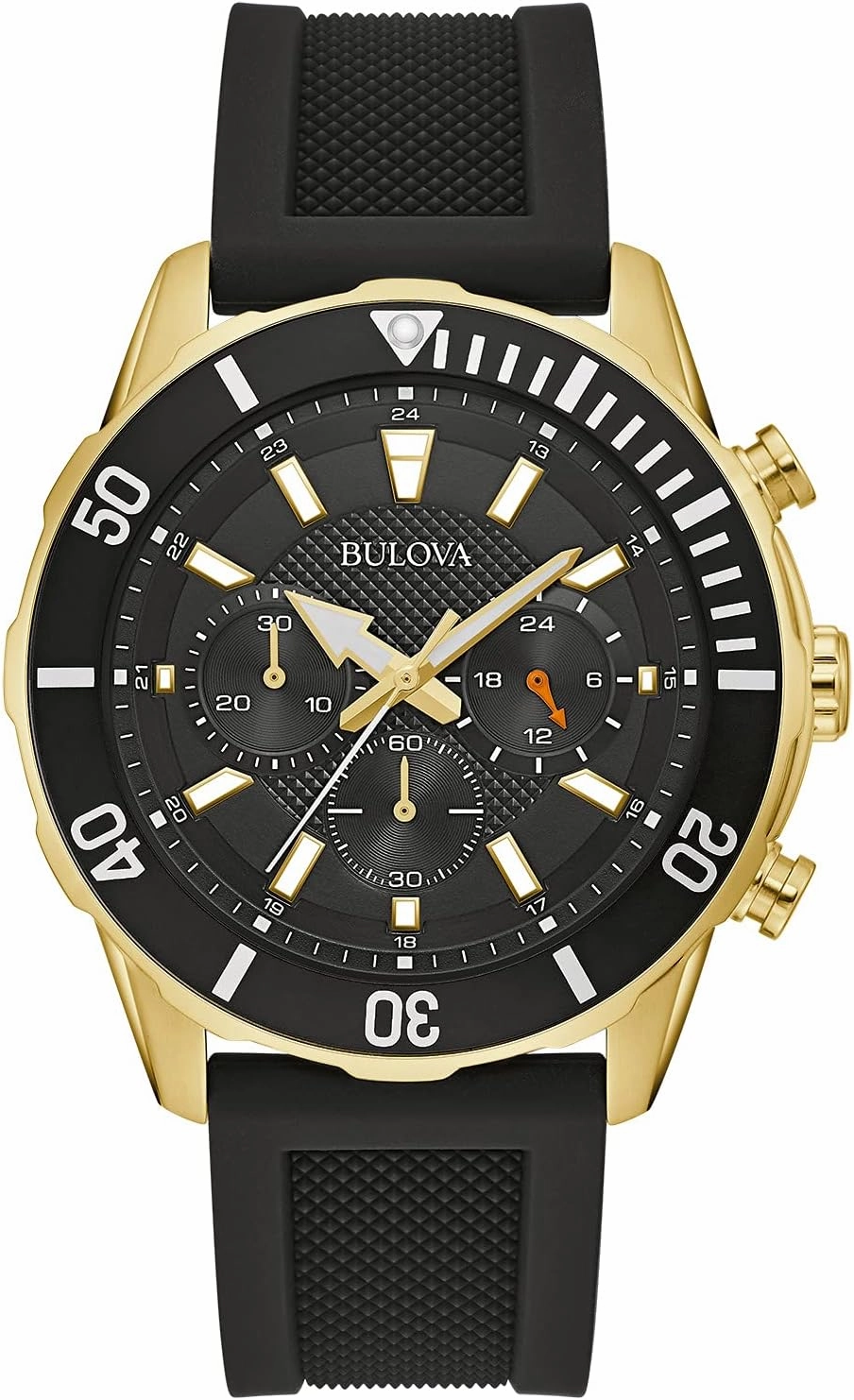 Bulova Men's Sport 6-Hand Chronograph Quartz Watch with Silicone Strap, 24 Hour Time, Calendar Date, Luminous Hands and Markers, 100M Water Resistant, 44mm