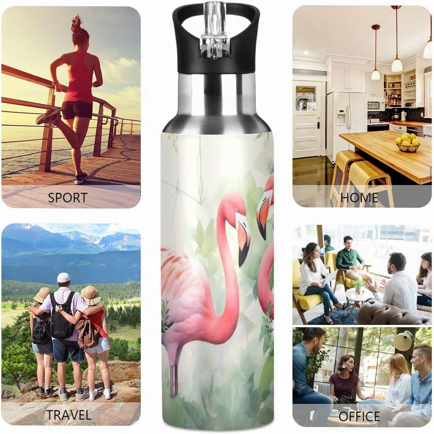 Burbuja Pink Flamingos Stainless Steel Water Bottle, Vacuum Insulated Water Bottles with Straw Lid for Sports, Gym, School - Leak & Sweat Proof, BPA Free, 20 oz
