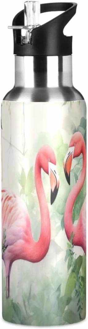 Burbuja Pink Flamingos Stainless Steel Water Bottle, Vacuum Insulated Water Bottles with Straw Lid for Sports, Gym, School - Leak & Sweat Proof, BPA Free, 20 oz
