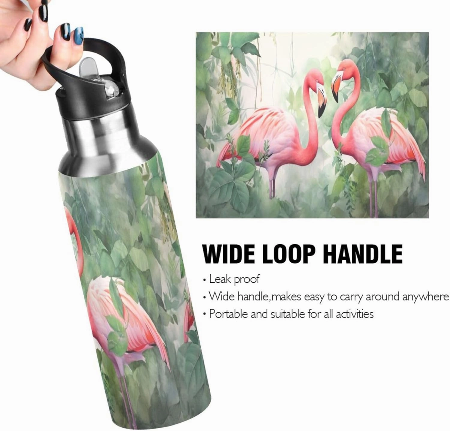 Burbuja Pink Flamingos Stainless Steel Water Bottle, Vacuum Insulated Water Bottles with Straw Lid for Sports, Gym, School - Leak & Sweat Proof, BPA Free, 20 oz