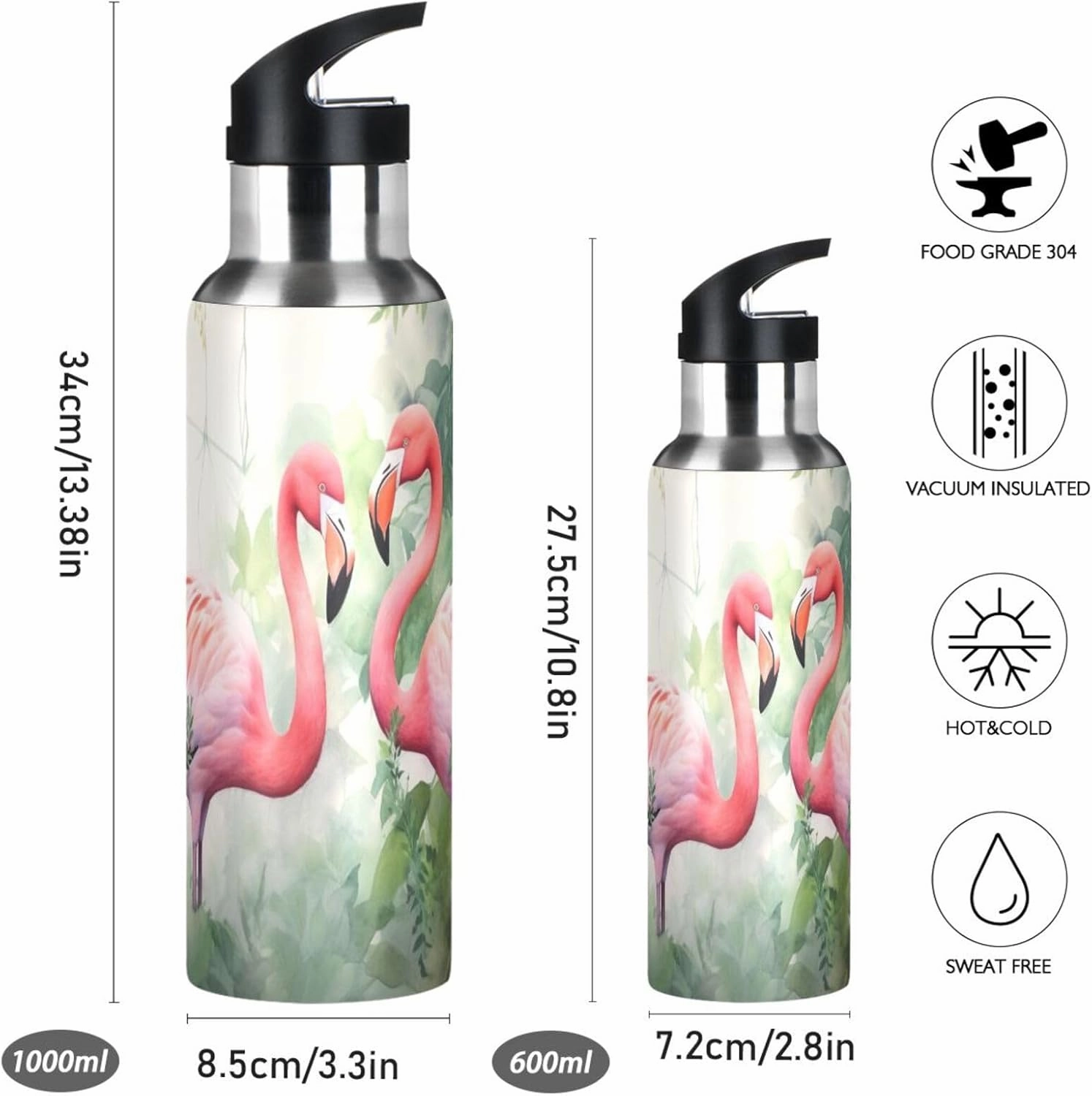 Burbuja Pink Flamingos Stainless Steel Water Bottle, Vacuum Insulated Water Bottles with Straw Lid for Sports, Gym, School - Leak & Sweat Proof, BPA Free, 20 oz