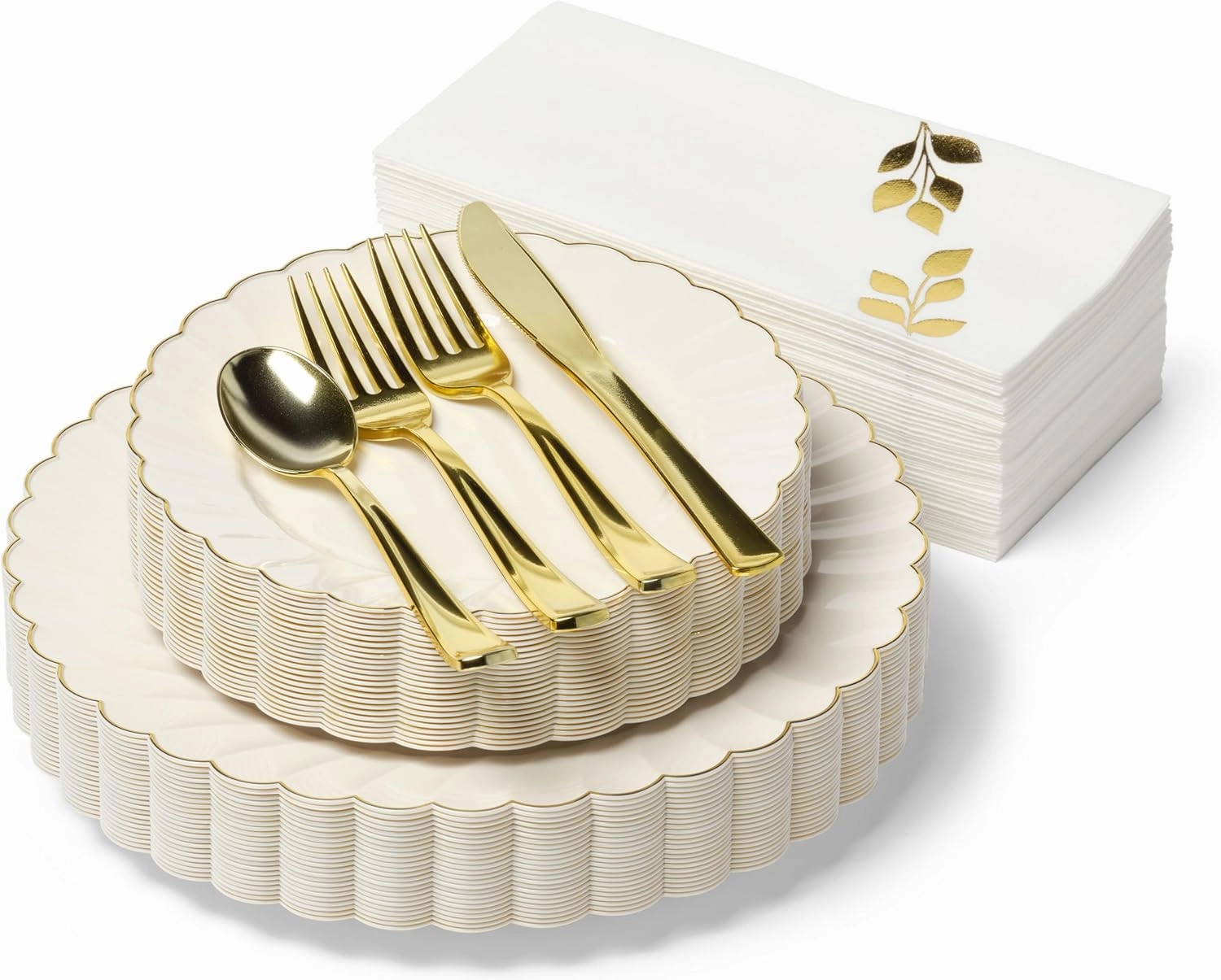 By Madee HIGH END 175 Pc Ivory Scalloped Plastic Plates with Gold Trim | Fancy Plastic Dinnerware Sets | Nice Disposable Plates and Utensils Set with Fancy Napkins (25 Guests)