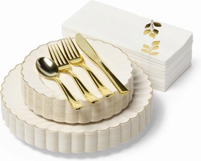 By Madee HIGH END 175 Pc Ivory Scalloped Plastic Plates with Gold Trim | Fancy Plastic Dinnerware Sets | Nice Disposable Plates and Utensils Set with Fancy Napkins (25 Guests)