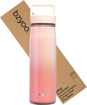 bzyoo 24oz Insulated Water Bottle with Clear Chug Lid - 100% Leakproof Stainless Steel Bottle, Aurora Iridescent Pink, BPA-Free Double Wall Vacuum Flask for Hot & Cold Drinks, Fits Car Cup Holders