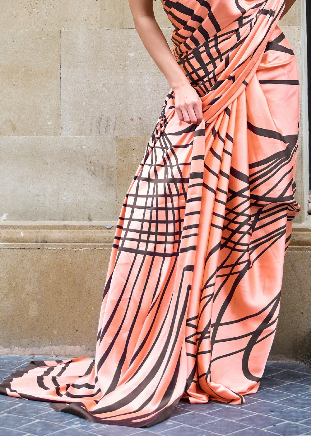 Caramel Peach Printed Satin Silk Saree