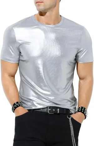 Casey Kevin Mens Metallic T-Shirts 70s Disco Outfits for Mens Holographic Short Sleeve Shiny Tops