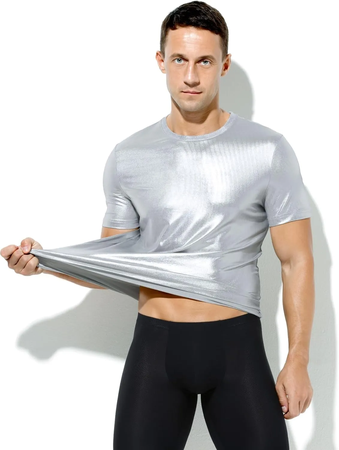 Casey Kevin Mens Metallic T-Shirts 70s Disco Outfits for Mens Holographic Short Sleeve Shiny Tops