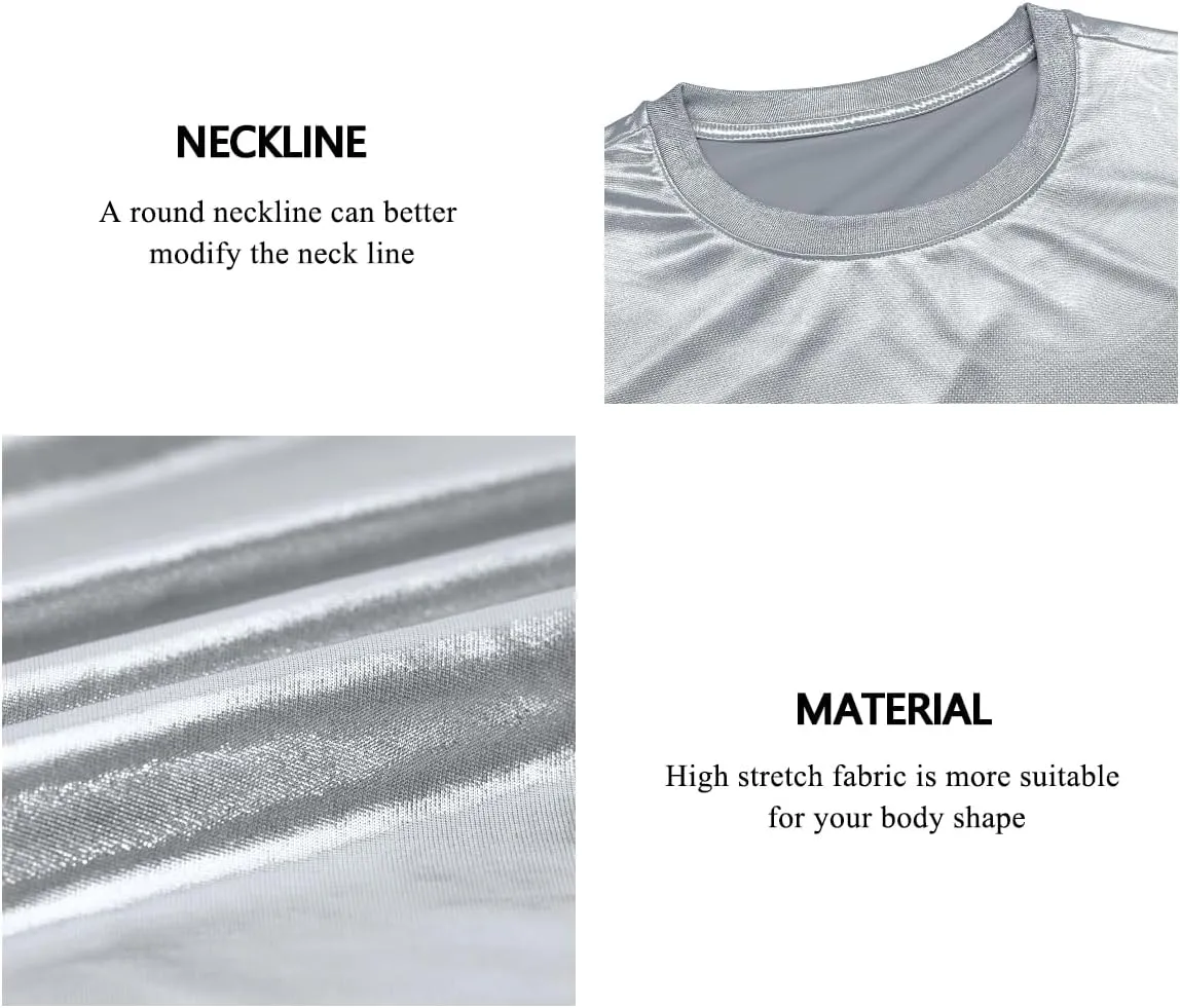 Casey Kevin Mens Metallic T-Shirts 70s Disco Outfits for Mens Holographic Short Sleeve Shiny Tops