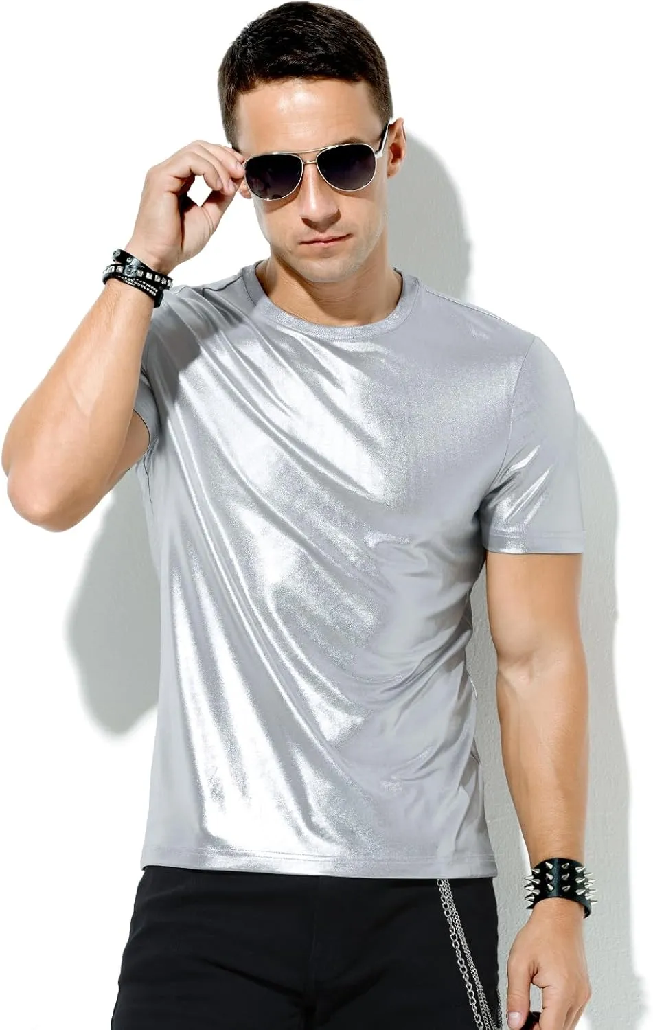 Casey Kevin Mens Metallic T-Shirts 70s Disco Outfits for Mens Holographic Short Sleeve Shiny Tops