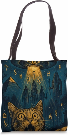 Cat Selfie UFO Procession of Egyptian Gods Mythic Eye of Ra Tote Bag
