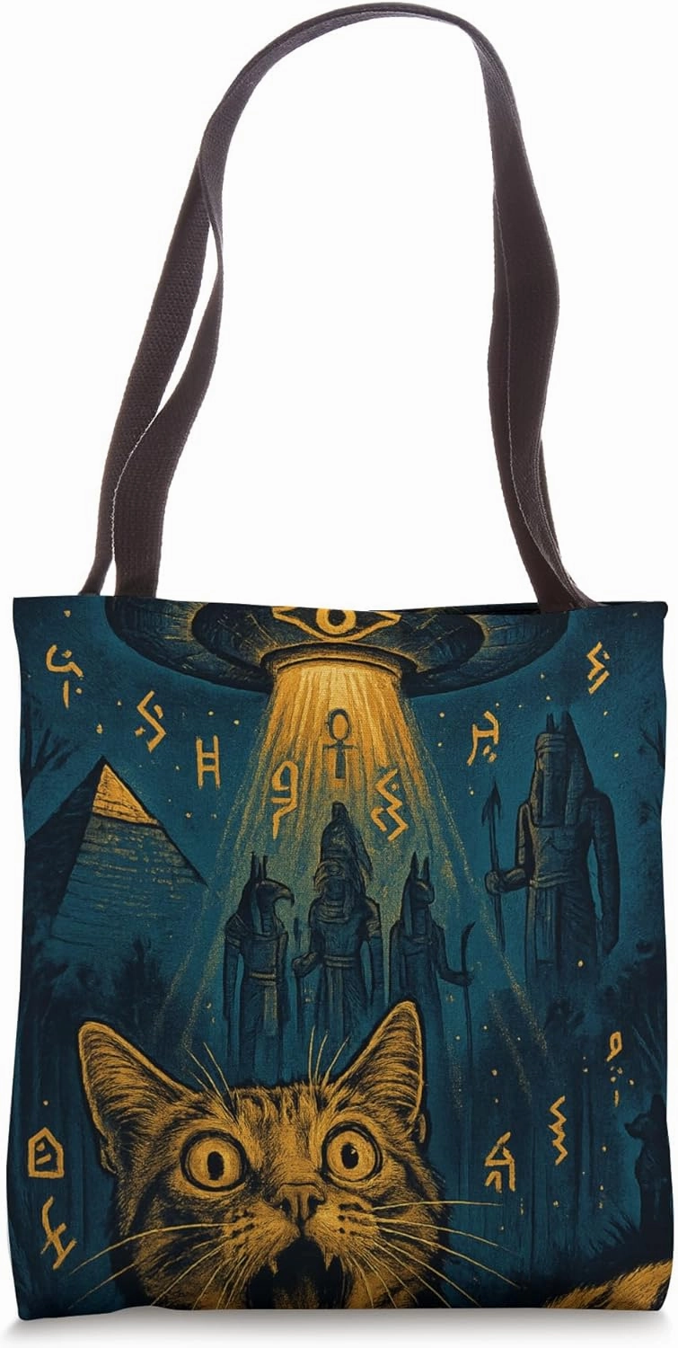 Cat Selfie UFO Procession of Egyptian Gods Mythic Eye of Ra Tote Bag