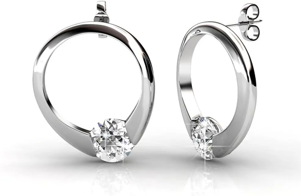 Cate & Chloe Dahlia White Gold Drop Earrings, 18k Gold Plated Ring with Crystals, Stud Earring Set with Round Cut Solitaire Crystal, Wedding Anniversary Jewelry