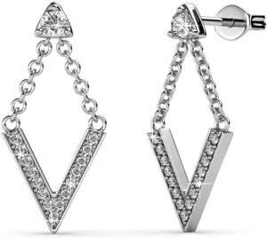 Cate & Chloe Francesca Incredible White Gold Drop Earrings, 18k White Gold Plated V Shape with Crystals, Stud Earring Set with Dangling V, Dangle Earrings w/Crystal