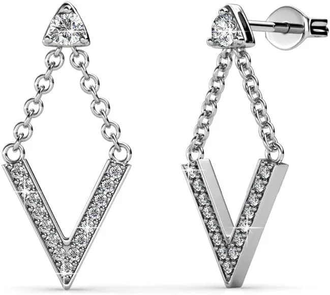 Cate & Chloe Francesca Incredible White Gold Drop Earrings, 18k White Gold Plated V Shape with Crystals, Stud Earring Set with Dangling V, Dangle Earrings w/Crystal