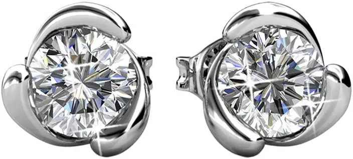 Cate & Chloe Harmony Peaceful Unique Gold Stud Halo Earrings, 18k White Gold Plated Studs with Crystals, Silver Stud Earring Set Solitaire Round Cut Crystals