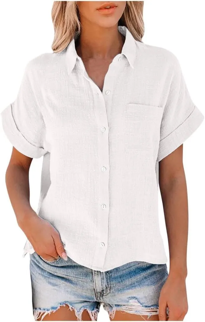 Ceboyel Women Cotton Linen Summer Shirts Collared Button Down Blouses Gauze Short Sleeve Tops Causal Ladies Outfits 2023