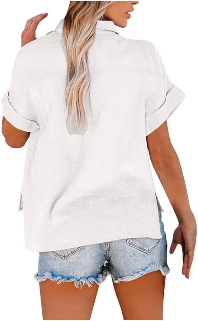 Ceboyel Women Cotton Linen Summer Shirts Collared Button Down Blouses Gauze Short Sleeve Tops Causal Ladies Outfits 2023
