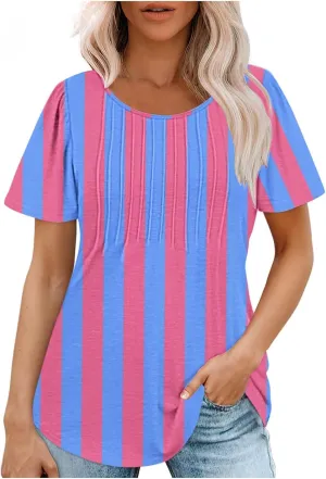 Ceboyel Womens Boho Summer Tops 2024 Pleated Scoop Neck T Shirts Loose Fit Floral Blouse Dressy Casual Ladies Trendy Clothing