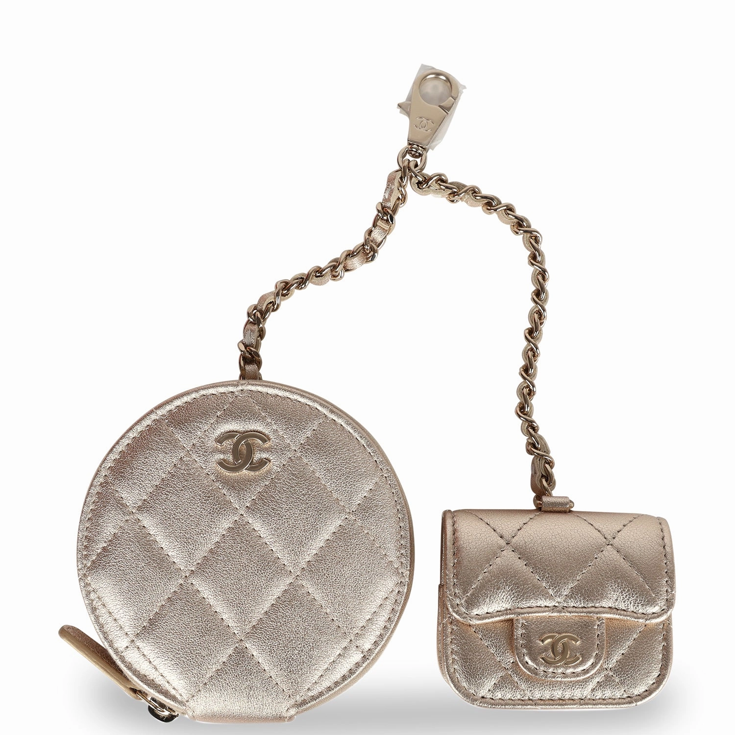 Chanel Round Clip-On Coin Purse and Airpod Pro Case Metallic Gold Goatskin Light Gold Hardware