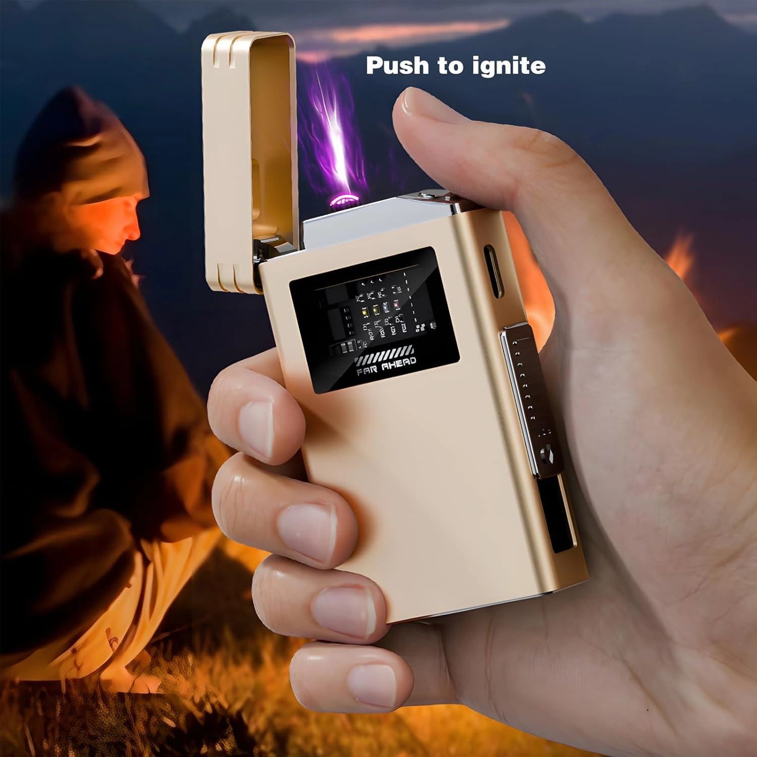 Charging Bank Lighter Creative USB Electronic Lighter, Power Bank Lighter, Waterproof Lighter Outdoor, Plasma Dual Arc Lighter, Rechargeable Lighter for Camping, Hiking (Type-C Plug- Gold)