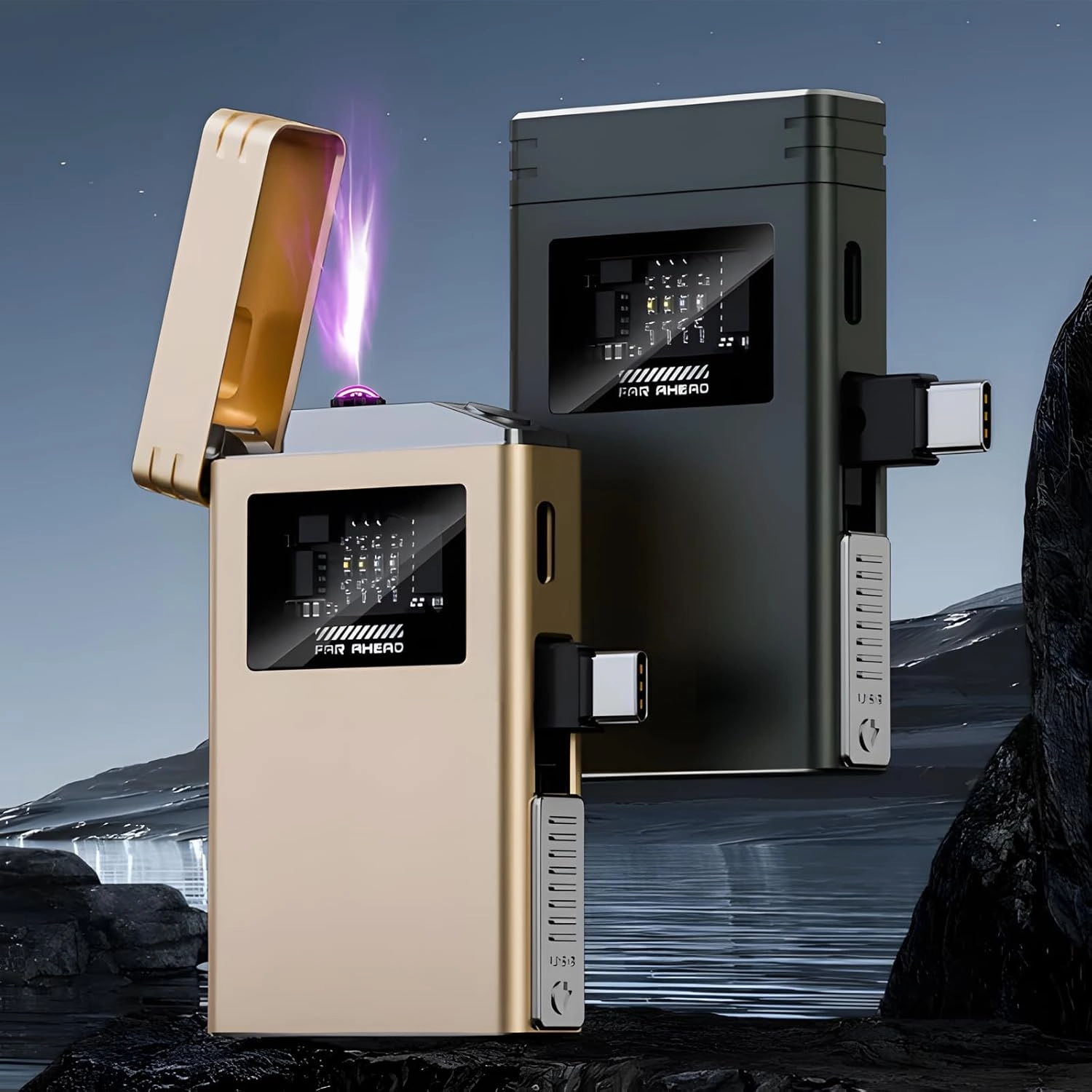 Charging Bank Lighter Creative USB Electronic Lighter, Power Bank Lighter, Waterproof Lighter Outdoor, Plasma Dual Arc Lighter, Rechargeable Lighter for Camping, Hiking (Type-C Plug- Gold)