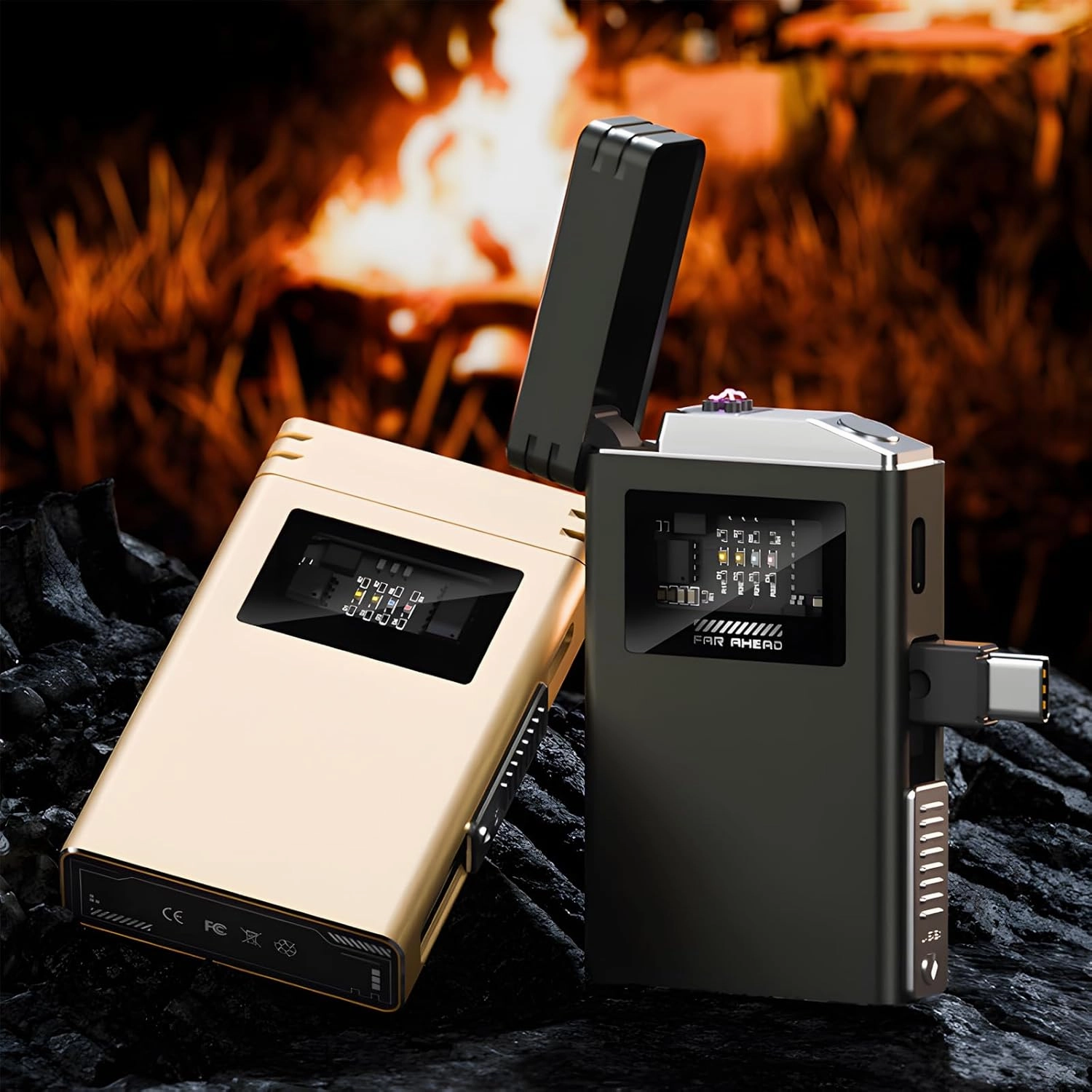 Charging Bank Lighter Creative USB Electronic Lighter, Power Bank Lighter, Waterproof Lighter Outdoor, Plasma Dual Arc Lighter, Rechargeable Lighter for Camping, Hiking (Type-C Plug- Gold)
