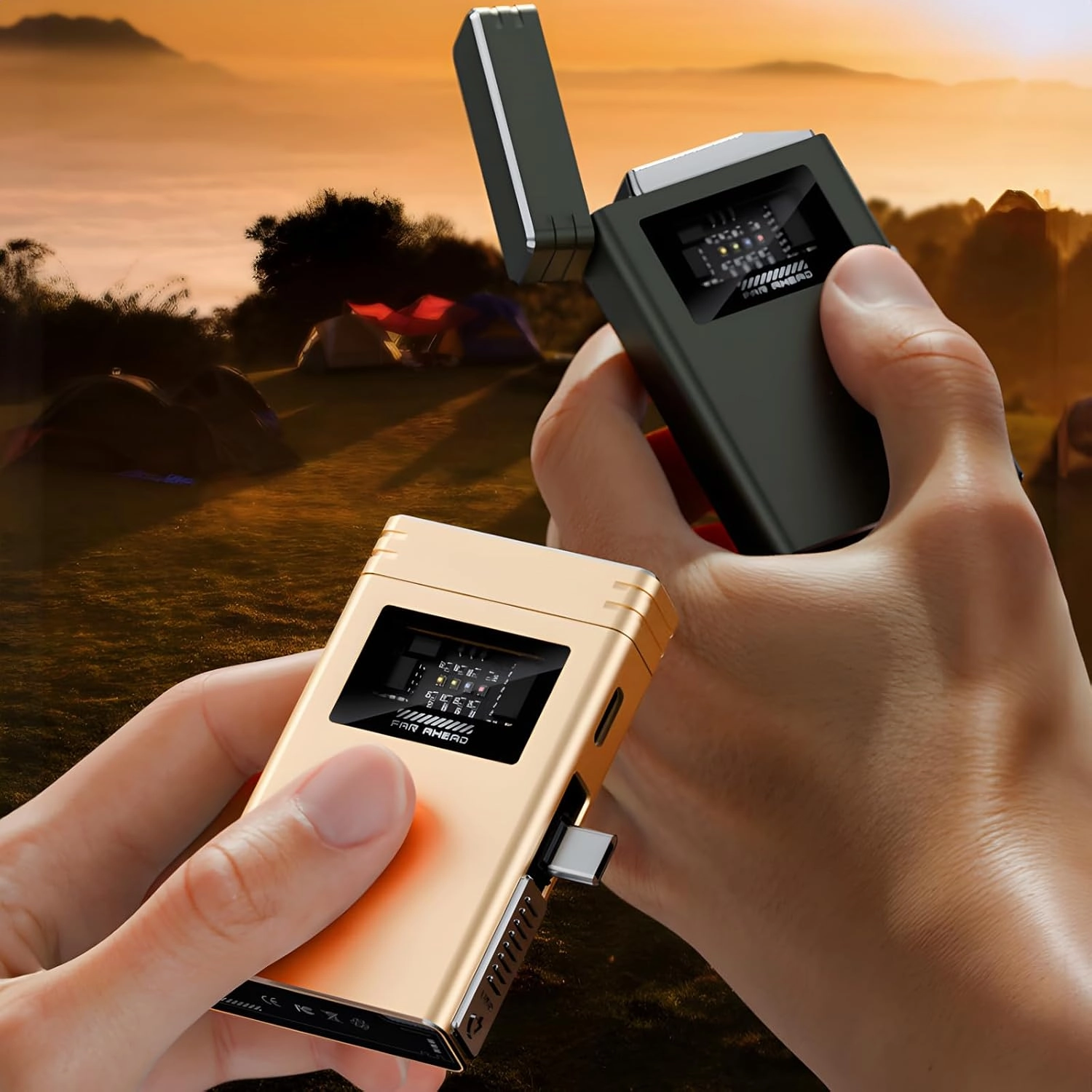 Charging Bank Lighter Creative USB Electronic Lighter, Power Bank Lighter, Waterproof Lighter Outdoor, Plasma Dual Arc Lighter, Rechargeable Lighter for Camping, Hiking (Type-C Plug- Gold)