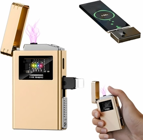 Charging Bank Lighter Creative USB Electronic Lighter, Power Bank Lighter, Waterproof Lighter Outdoor, Plasma Dual Arc Lighter, Rechargeable Lighter for Camping, Hiking (Type-C Plug- Gold)
