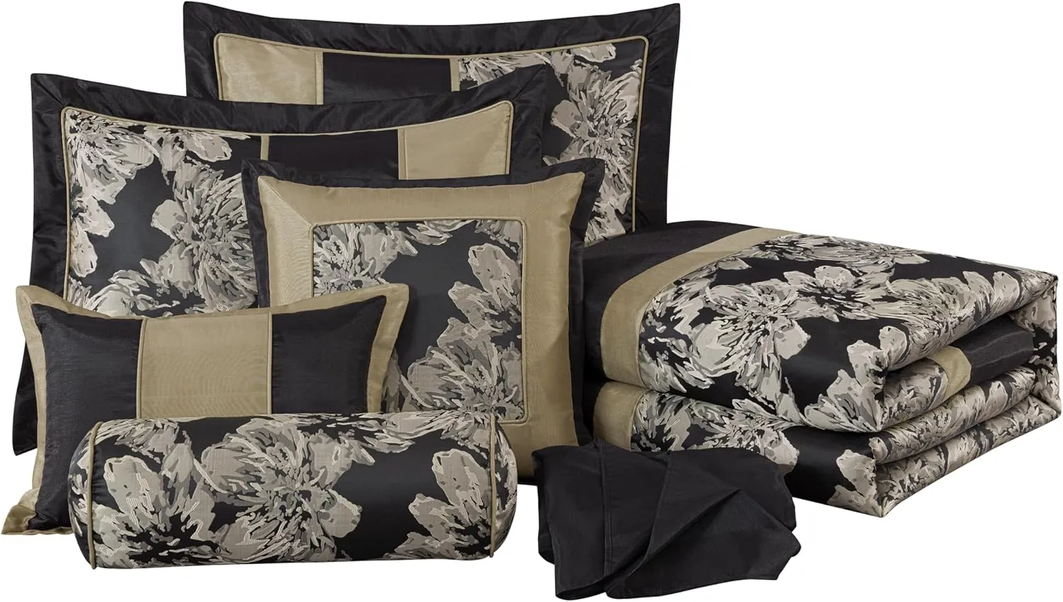 Chezmoi Collection Cameron Comforter Set Queen Size, 7-Piece Black Gold Hibiscus Floral Jacquard Bedding Set