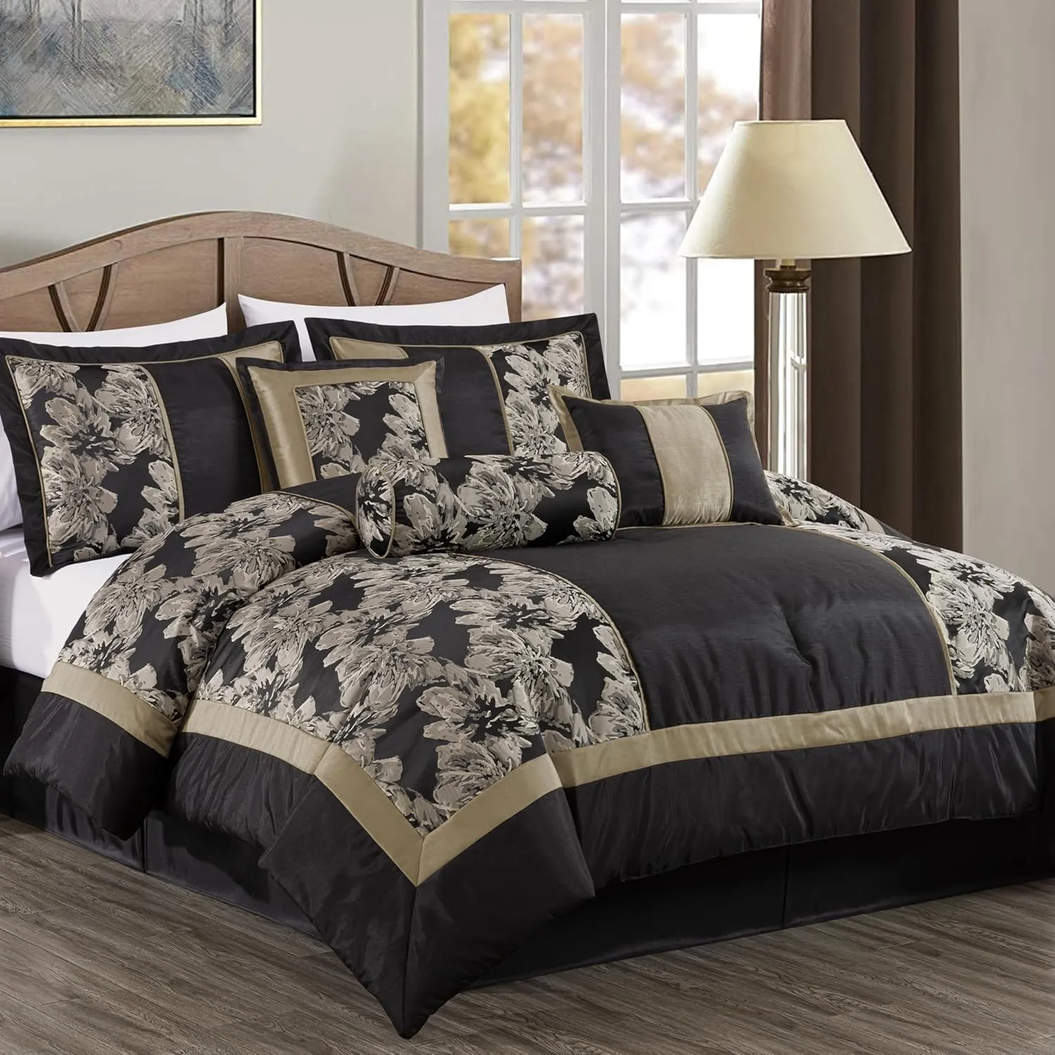 Chezmoi Collection Cameron Comforter Set Queen Size, 7-Piece Black Gold Hibiscus Floral Jacquard Bedding Set