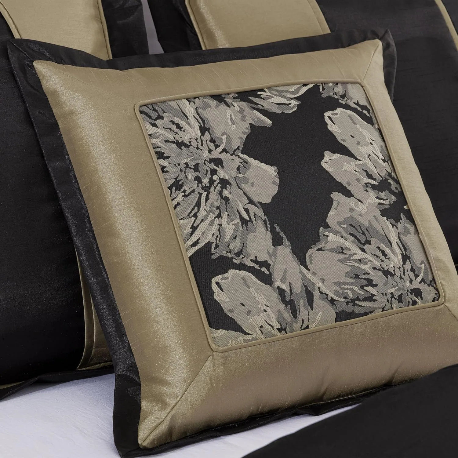 Chezmoi Collection Cameron Comforter Set Queen Size, 7-Piece Black Gold Hibiscus Floral Jacquard Bedding Set