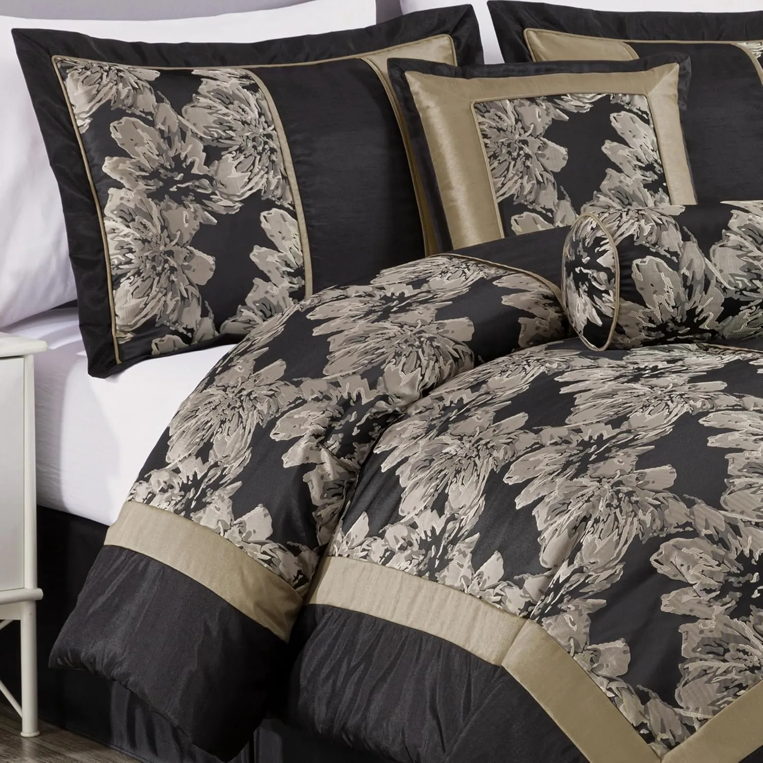 Chezmoi Collection Cameron Comforter Set Queen Size, 7-Piece Black Gold Hibiscus Floral Jacquard Bedding Set