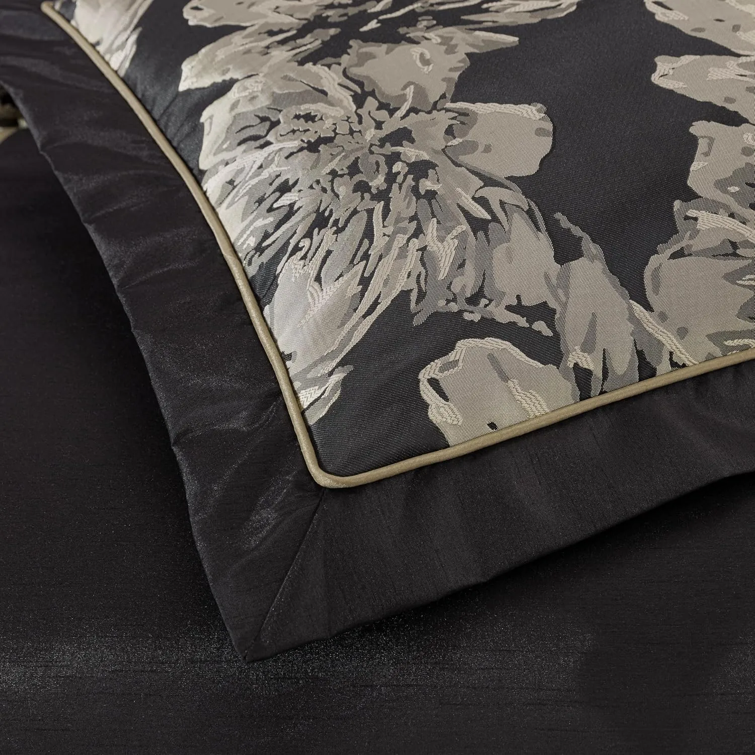 Chezmoi Collection Cameron Comforter Set Queen Size, 7-Piece Black Gold Hibiscus Floral Jacquard Bedding Set