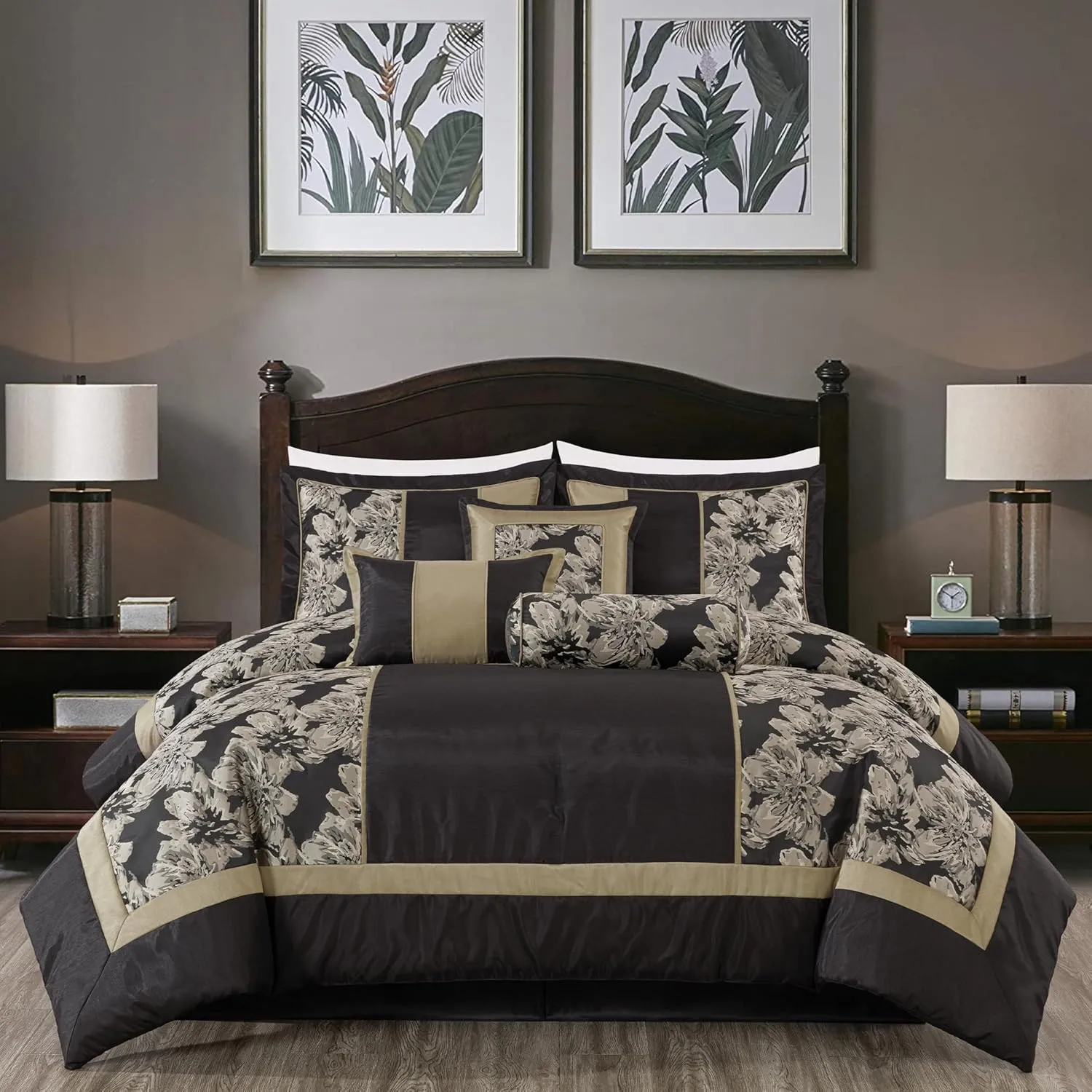Chezmoi Collection Cameron Comforter Set Queen Size, 7-Piece Black Gold Hibiscus Floral Jacquard Bedding Set
