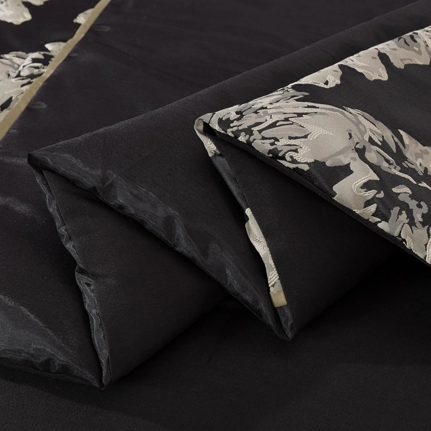 Chezmoi Collection Cameron Comforter Set Queen Size, 7-Piece Black Gold Hibiscus Floral Jacquard Bedding Set