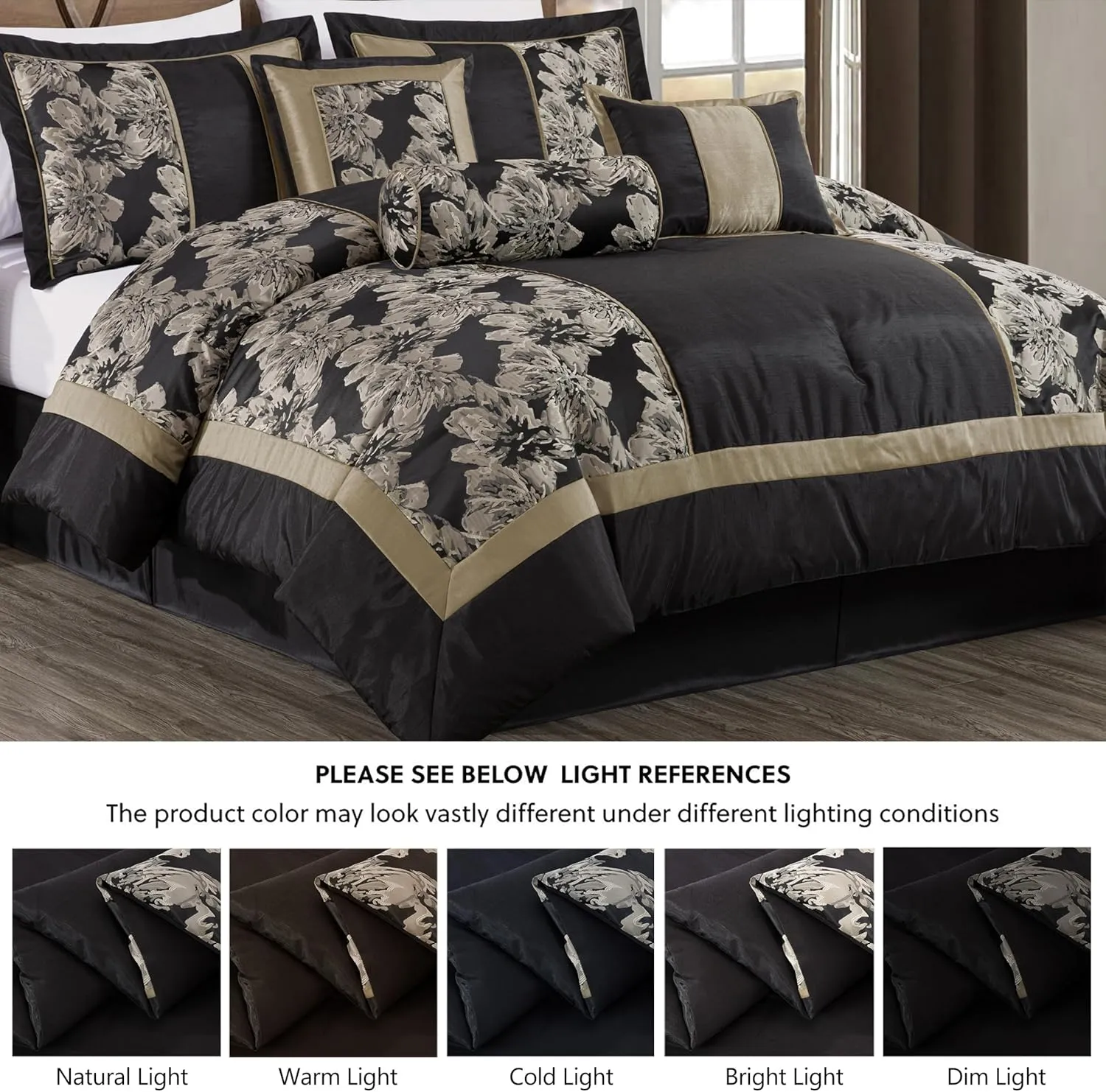 Chezmoi Collection Cameron Comforter Set Queen Size, 7-Piece Black Gold Hibiscus Floral Jacquard Bedding Set