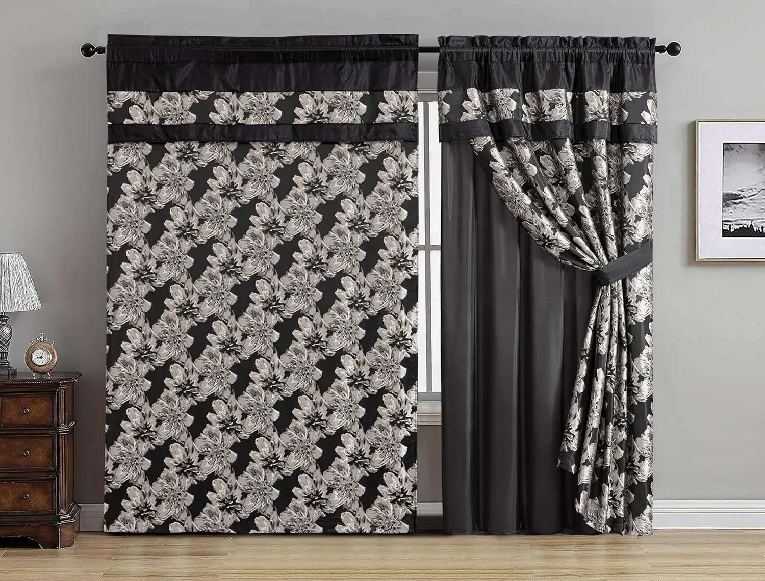 Chezmoi Collection Kelsey 4-Piece Black Gold Jacquard Floral Hibiscus Window Curtain/Drape Set Sheer Backing, Tieback, Valance