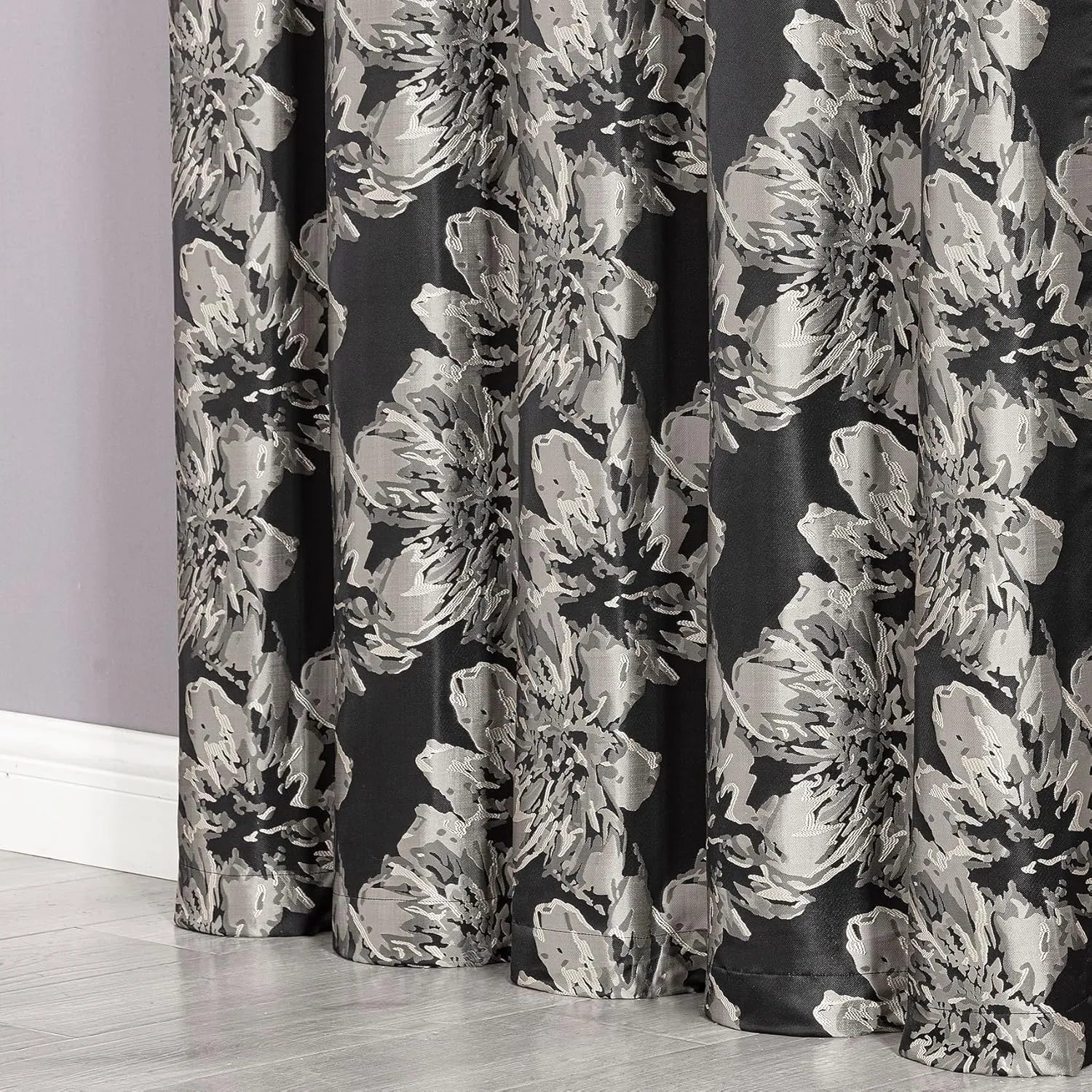 Chezmoi Collection Kelsey 4-Piece Black Gold Jacquard Floral Hibiscus Window Curtain/Drape Set Sheer Backing, Tieback, Valance