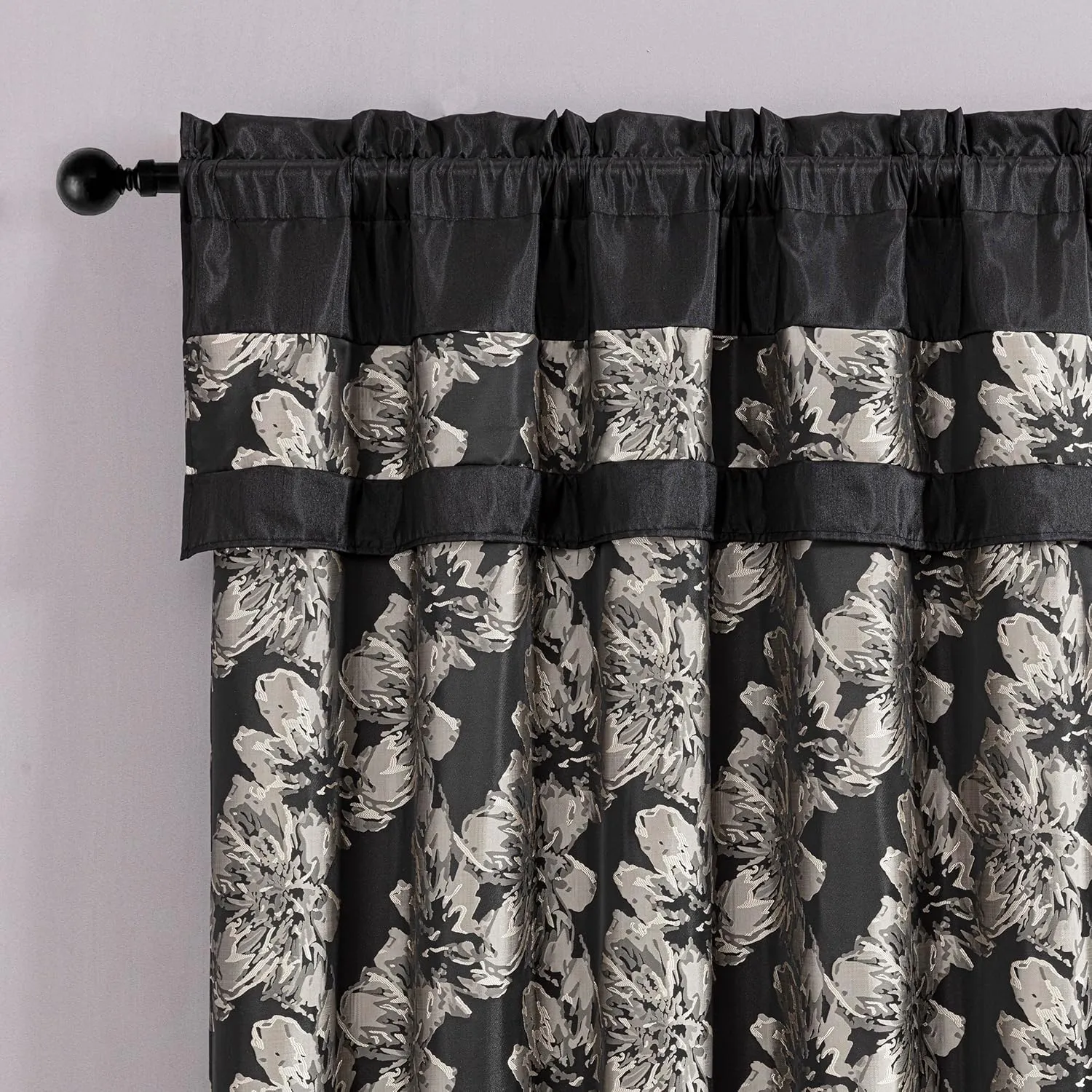 Chezmoi Collection Kelsey 4-Piece Black Gold Jacquard Floral Hibiscus Window Curtain/Drape Set Sheer Backing, Tieback, Valance