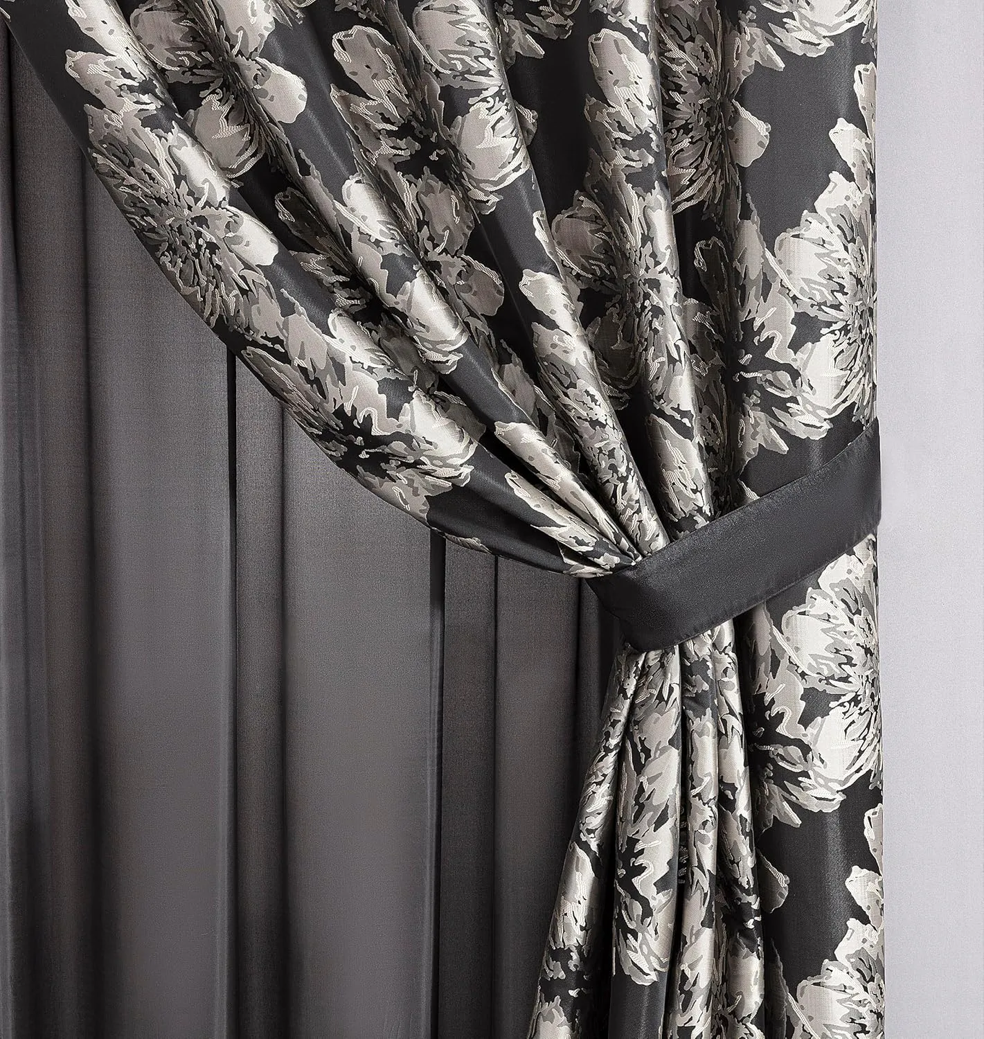 Chezmoi Collection Kelsey 4-Piece Black Gold Jacquard Floral Hibiscus Window Curtain/Drape Set Sheer Backing, Tieback, Valance